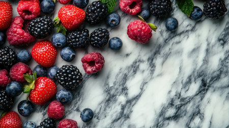 A mix of colorful berries on a marble surface, with plenty of open space for copy or design elements.の素材