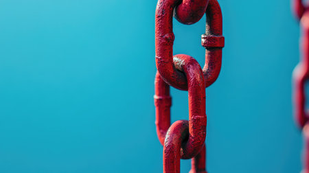 Close-up of a red chain and padlock on a blue background, symbolizing protection and safety, with plenty of space for text.の素材