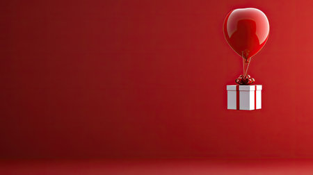 Balloon carrying a gift box on a red background, ideal for birthday or Valentine's Day concepts with plenty of space for promotional text.の素材