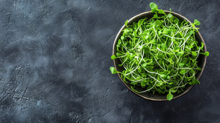 Bowl of green sunflower sprouts with ample copy space, ideal for nutrition-focused advertisements and healthy eating content.の素材