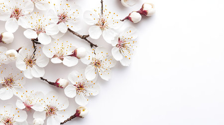 Beautiful spring cherry blossoms on a white backdrop, with plenty of blank space for text, ideal for seasonal promotions or greetings.の素材