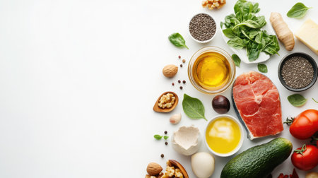Flat lay of assorted keto-friendly products on a white background, featuring ample space for text, ideal for diet and health ads. -の素材