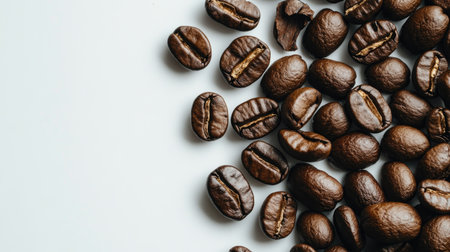 Detailed shot of roasted coffee beans isolated on a white surface, providing ample space for custom text or coffee-related graphics.の素材