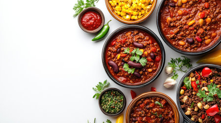 Colorful set of chili con carne dishes on a clean white background, ideal for food ads and promotional materials with ample copy space.の素材