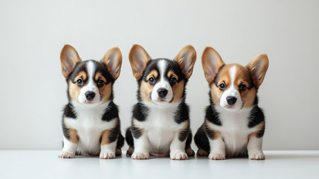 Cute Welsh Corgi Cardigan puppies sitting on a white surface, perfect for a fun and fluffy pet photo with clear space for captions.の素材