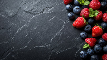 Fresh berries artfully arranged on a dark slate background, leaving room for copy or product descriptions.の素材