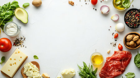 Keto diet food items arranged flat on a white surface, with clear space for text or promotional content, showcasing low-carb options.の素材