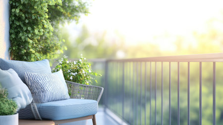Elegant balcony with stylish furniture overlooking a blurred nature background, ideal for lifestyle or home decor content.の素材