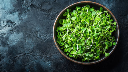 Fresh green young sunflower sprouts in a bowl, perfect for healthy eating concepts with ample copy space for nutritional information.の素材