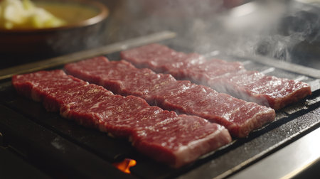 Raw beef slices for yakiniku on a grill, being cooked on a stove in a Japanese restaurant, with ample copy space.の素材