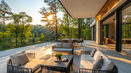 Spacious terrace with elegant decor and a blurred natural backdrop, perfect for outdoor entertainment and lifestyle content.の素材