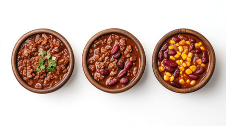 Tasty chili con carne in different presentations on a white background, ideal for food ads and marketing materials with ample space.の素材