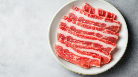 Sliced pork belly for shabu arranged neatly on a white plate, against a grey background with ample space for text.の素材