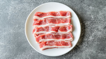 Sliced belly pork for shabu shabu on a white plate, set against a grey background with ample room for copy, top view.の素材