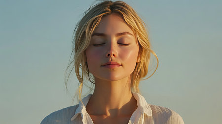 A close-up portrait of a blonde woman in a white shirt, eyes closed, and a peaceful expression, emanating serenityの素材