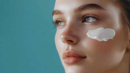 Close-up of a young woman with flawless skin applying a facial cream, emphasizing the smear of the product on her cheekの素材