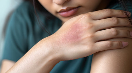 Close-up view of a bruise on an Asian woman's arm from a fall, with her hand massaging the contusion for reliefの素材