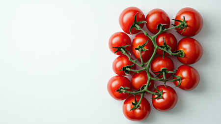 A bunch of red tomatoes arranged on a white background, captured from above, highlighting their freshness and rich red colorの素材