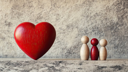 A heart-shaped red symbol and wooden dolls representing family and love, set against a neutral background with ample copy space for designの素材