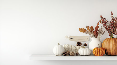 Autumn decor on a pristine white shelf against a white wall background, featuring fall elements and a banner with space for personalized textの素材