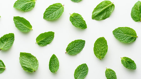 A set of green mint leaves, viewed from above, spread out on a clean white background, highlighting their detailed veins and fresh lookの素材