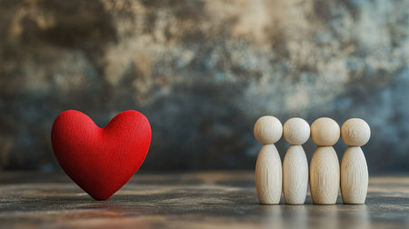 Family, relationship, and love concept shown with wooden dolls and a red heart, providing a backdrop with ample copy space for personal messagesの素材
