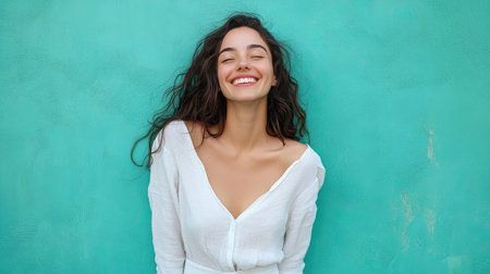 Portrait of a happy, smiling woman in white casual clothes, posing against an aqua blue-green background, radiating positivity and joyの素材
