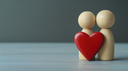 Family and relationship theme featuring wooden dolls and a red heart shape, with a simple background and plenty of copy space for text or designの素材
