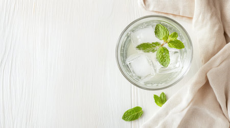 Glass of soda water, garnished with mint leaves, alongside a napkin on a white wooden table, perfect for adding text or beverage advertisementsの素材