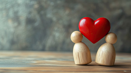Wooden dolls and a red heart symbolizing relationship and love, set on a plain background with copy space for creative and heartfelt contentの素材