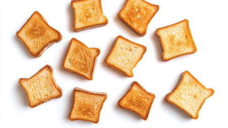 Freshly toasted bread pieces, viewed from above, isolated on a white background, highlighting their perfect golden-brown colorの素材