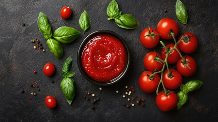 Top view of rich tomato paste, tangy sauce, ketchup, cherry tomatoes on branches, and basil, showcasing their bright and fresh appearanceの素材