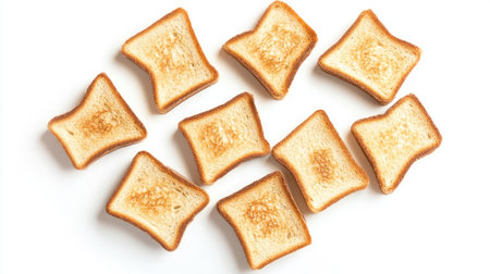 Top view of several pieces of fresh toast bread, isolated on a white background, showcasing their crispy texture and appetizing lookの素材