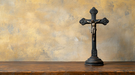 Upright crucifix cross on a wooden table, set against a neutral background with copy space, ideal for faith-related imagery and religious contentの素材