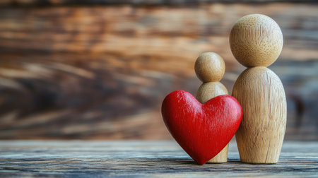 Wooden dolls and a red heart symbolizing love and family, with a clear background and copy space for relationship-themed contentの素材