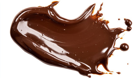 Top-down view of melted chocolate isolated on a white background, showcasing its creamy, glossy texture and deep brown shadeの素材