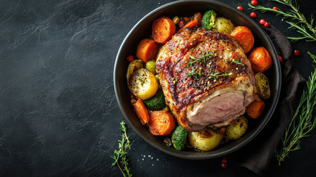 Close-up top view of whole roast pork and vegetables in a bowl on a dark grey kitchen table, showcasing a hearty meal with ample space for textの素材