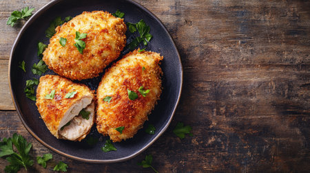 Delicious chicken Cordon Bleu cutlet displayed from above on a rustic table, emphasizing its golden coating and savory filling, with space for textの素材