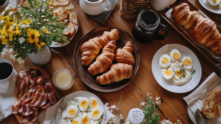 A spread of breakfast essentials including croissants, yogurt, boiled eggs, bacon, and coffee, beautifully arranged on a breakfast tableの素材