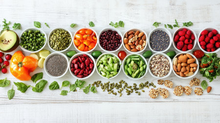 Array of healthy foods laid out on a white wooden table: colorful vegetables, fruits, seeds, and nuts, perfect for a wellness themeの素材