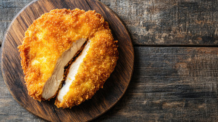 Close-up of a golden brown chicken Cordon Bleu cutlet on a rustic background, highlighting its juicy meat and crispy exterior with space for textの素材