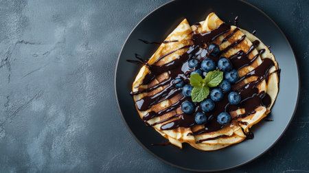 Close-up top view of crepes with chocolate sauce and fresh blueberries on a grey background, showcasing a delicious dessert with ample space for textの素材