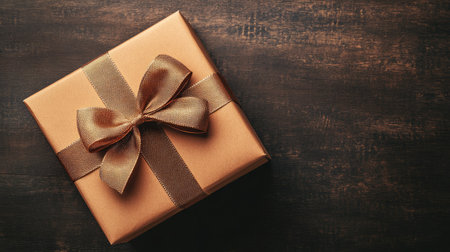 Decorative gift box on a table, captured from above with a ribbon and bow, showcasing ample blank space for adding custom textの素材
