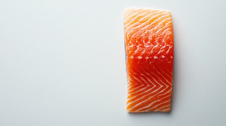 Flat lay of a slice of red salmon on a white background, highlighting the fish's rich color and fresh appearance with room for adding textの素材