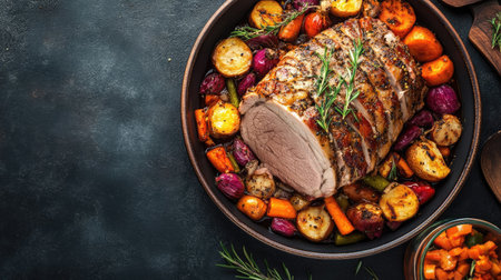 Close-up top view of whole roast pork and vegetables in a bowl on a dark grey kitchen table, showcasing a hearty meal with ample space for textの素材