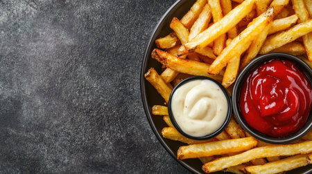 Close-up top view of a plate of French fries with ketchup and mayonnaise on a dark grey table, emphasizing the delicious sauces and fries with text spaceの素材