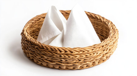 Elegant circular wicker straw stand for napkins isolated on white, perfect for enhancing table settings and home decorの素材
