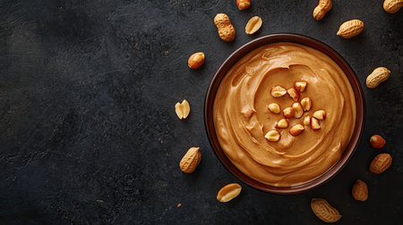 Flat lay of creamy peanut butter in a bowl with peanuts on the table, highlighting texture and leaving ample space for customizationの素材