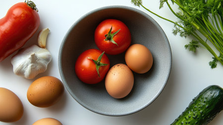 Close-up top view of tomatoes, cucumbers, garlic, and two eggs in a gray bowl, surrounded by additional vegetables on a clean white backdropの素材