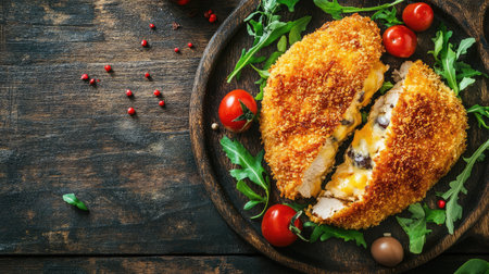 Flat lay of a tasty chicken Cordon Bleu cutlet on a rustic table, featuring its golden crust and cheesy interior, with space for adding textの素材